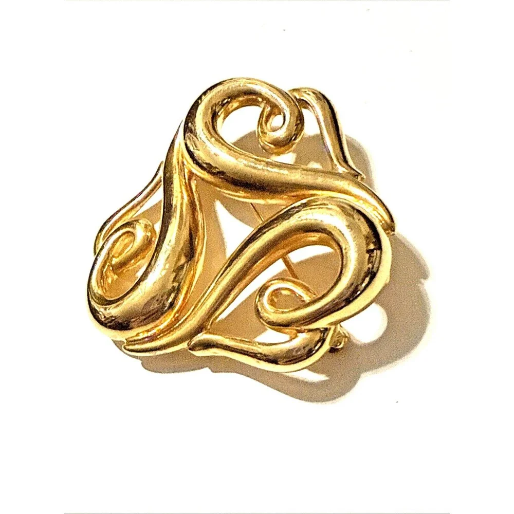 Vintage FIF Abstract Hearts Brooch Art Nouveau Gold Tone Openwork Pin 1.75